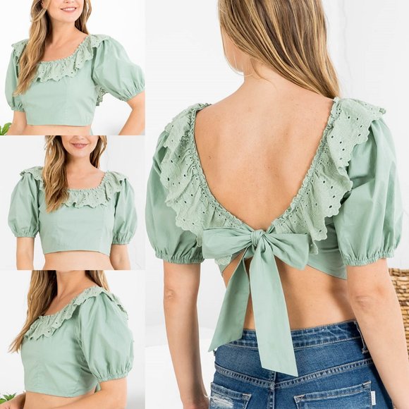 NEW Sage Moss Green 100% Cotton Eyelet Embroidered Ruffle Bow Tie Back Crop Top - Picture 2 of 9